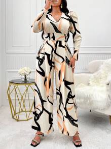 SHEIN Clasi 滿版印花泡泡袖闊腿連體褲 - 杏色 - 查看 5