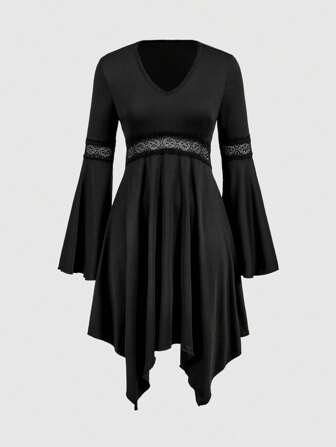 Goth Vestido asimétrico con empalme de encaje para mujer