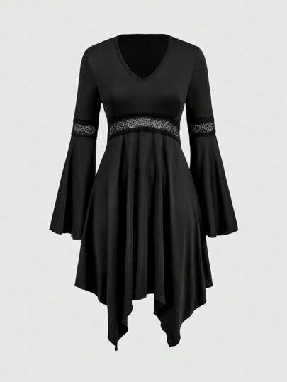 Goth Damen Kleid mit Spitzen-Einsätzen und asymmetrischem Saum