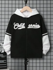 SHEIN Áo khoác nỉ có khóa kéo hai màu, in chữ, dành cho bé trai tuổi teen (không kèm áo thun). - màu đen - Xem 3