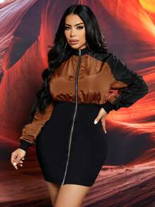 SHEIN SXY 拼色拉鍊前緊身連衣裙 - 棕色 - 查看 4