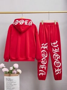 Tween女孩寬鬆的哥特風格印花連帽拉鍊外套,帶有袋袋和彈性腰帶褲套裝,紅色 - 紅色 - 查看 3