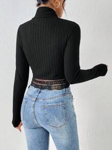 SHEIN Frenchy 女士簡約高領蕾絲邊t恤 - 黑色 - 查看 2