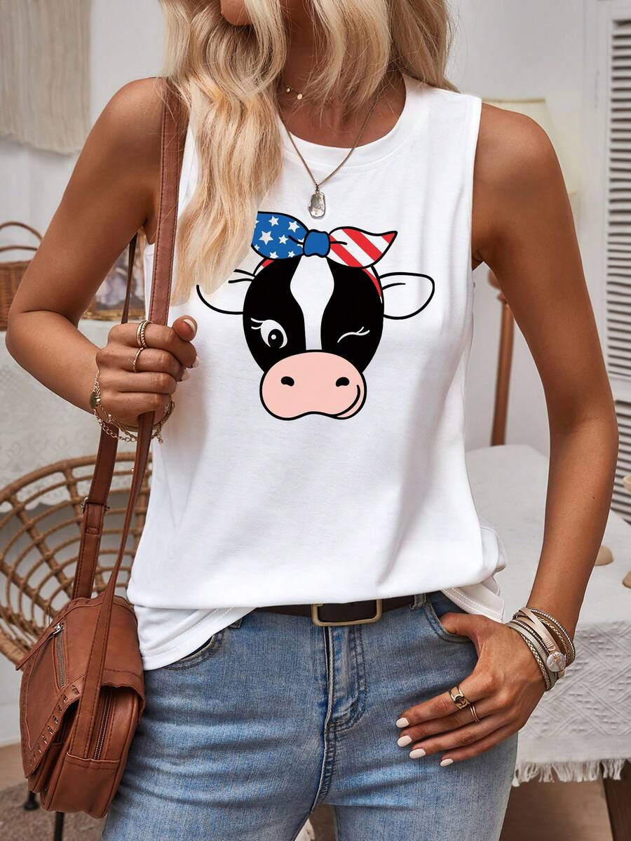 SHEIN LUNE Top tank con dibujos animados con estampado de vaca - Blanco - Ver 1