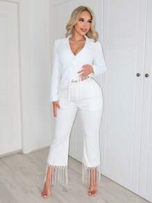 SHEIN SXY Quý cô Gợi cảm Trắng Quần tây Với Tua chi tiết - trắng - Xem 4