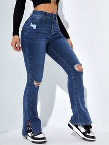 SHEIN ICON Ripped Split Hem Flare Leg Jeans - Medium Wash - View 3