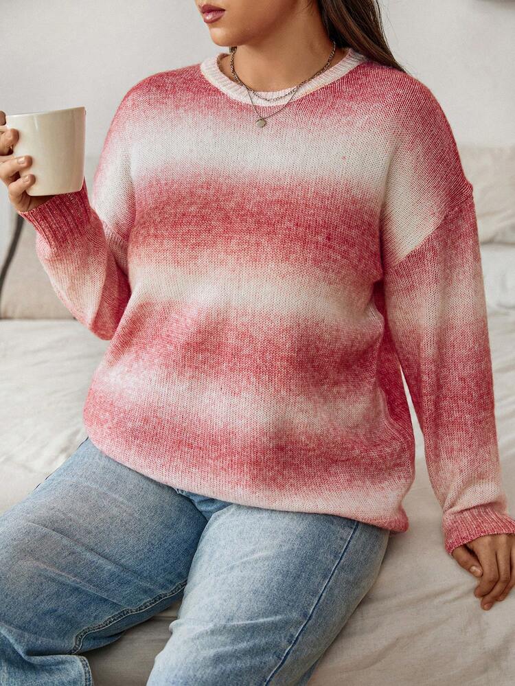 Plus Size Gradient Crew Neck Sweater Knit Pullover Fall Winter Sweater