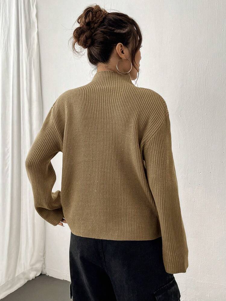 High Neck Drop Shoulder Knit Pullover Fall Winter Sweater