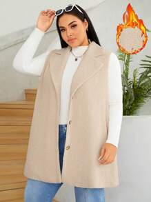 SHEIN EZwear 加翻領泰迪馬甲外套 - 米色 - 查看 1
