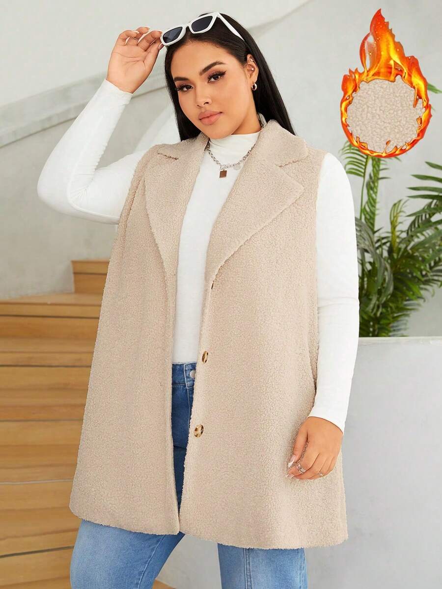 SHEIN EZwear 加翻領泰迪馬甲外套 - 米色 - 查看 1