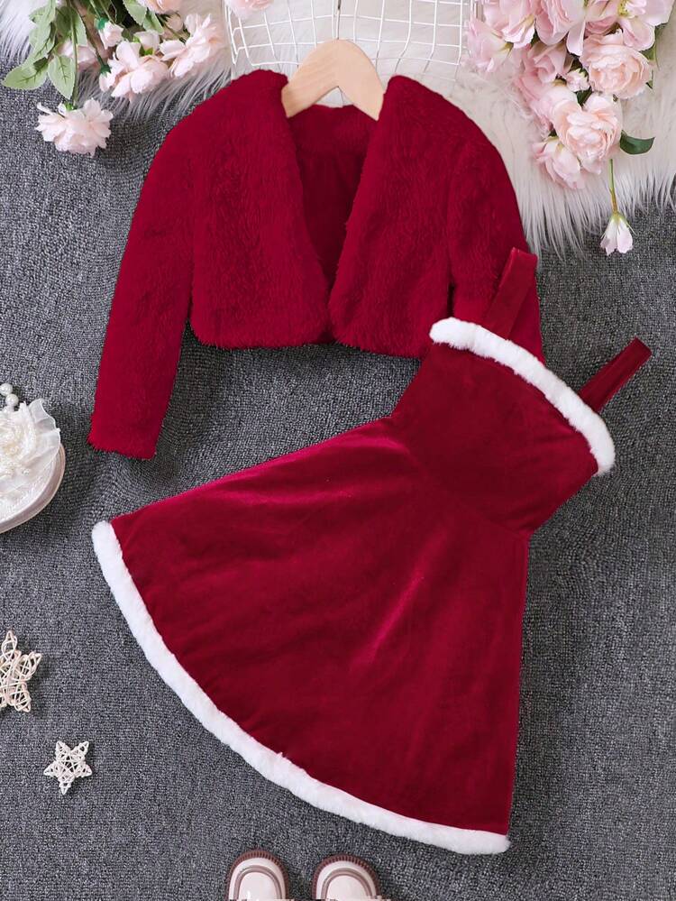 Young Girl Plush Coat And Cami Dress Set, For Christmas