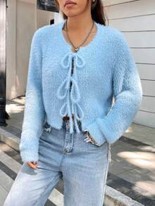 SHEIN Qutie Nút phía trước Thả vai Áo len Mở - Màu xanh lam - Xem 6