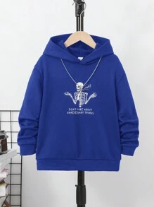 SHEIN 青少年男孩标语骷髅印花落肩保暖内衬卫衣 - 寶藍色 - 查看 1