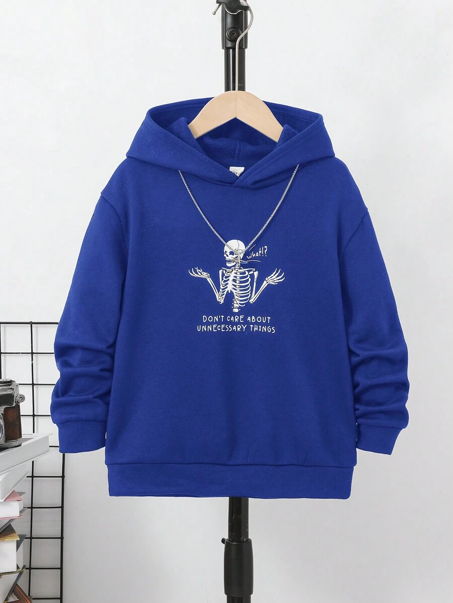 SHEIN 青少年男孩标语骷髅印花落肩保暖内衬卫衣 - 寶藍色 - 查看 1