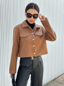 GENKIRA Chi tiết về Flap Nút phía trước Áo khoác - Màu Khaki - Xem 2