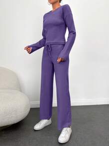 Cloudara Solid Tee & Drawstring Waist Pants - Purple - View 3