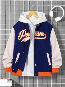 SHEIN Teen Boy Letter Graphic Colorblock Drop Shoulder Varsity Jacket Without Hoodie - Multicolor - View 1