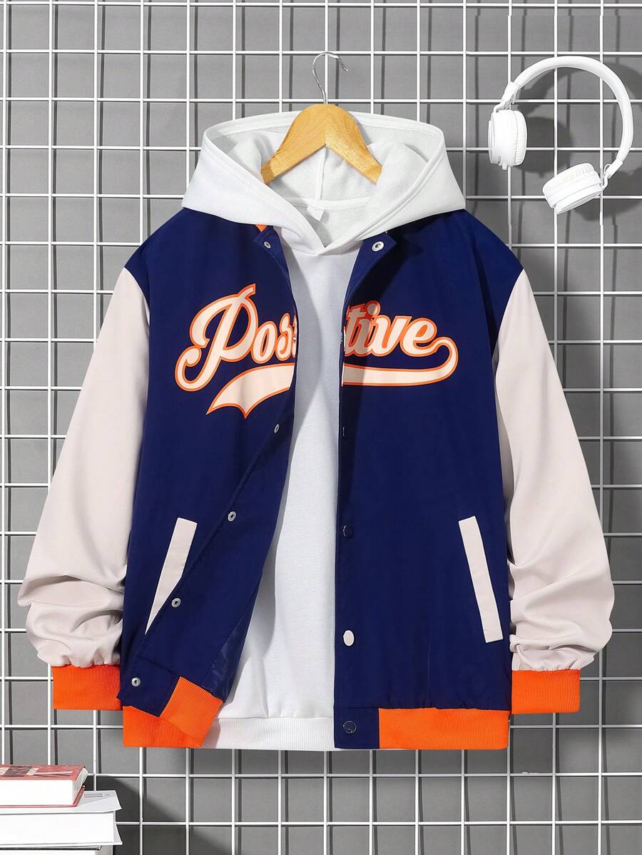 SHEIN Teen Boy Letter Graphic Colorblock Drop Shoulder Varsity Jacket Without Hoodie - Multicolor - View 1