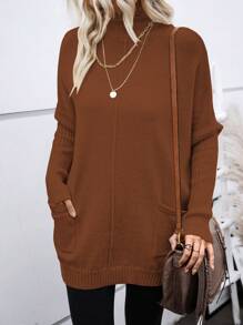 SHEIN LUNE 高領蝙蝠袖口袋貼布套頭毛衣 - 鏽棕色 - 查看 1