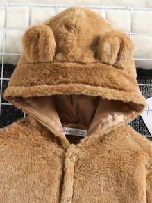 SHEIN Young Boy Cartoon Bear Pattern 3D Ears Design Hooded Teddy Jacket - Khaki - View 3