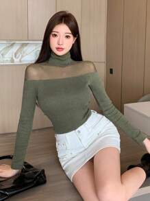 Dazy Designer Solid High Neck Mesh Insert Crop Tee Going Out Tops,Fall Clothes Long Sleeve Women Tops - Green - View 7
