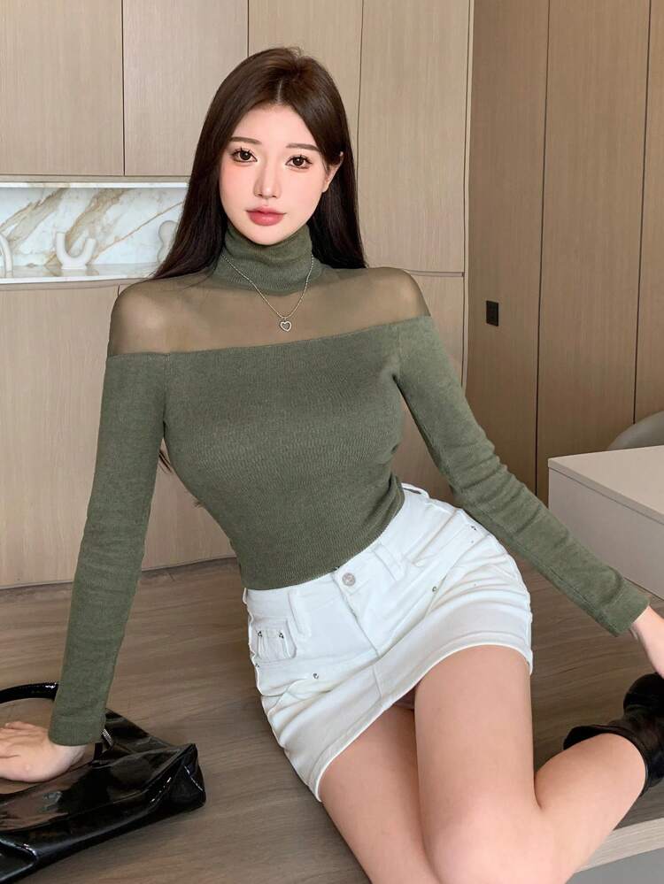 Solid High Neck Mesh Insert Crop Tee Going Out Tops,Fall Clothes Long Sleeve Women Tops