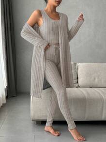 Solid Tank Top & Knot Waist Leggings & Robe Lounge Set Outfit - Apricot - View 4