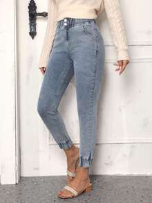 SHEIN LUNE Chất rắn Túi nghiêng Người chạy bộ Quần jean ôm - Màu xanh lam - Xem 6