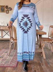 EMERY ROSE Plus Geo Print Tee Dress - Baby Blue - View 3