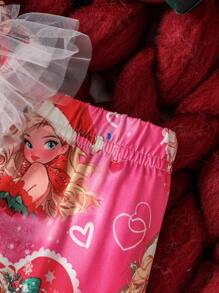 女嬰卡通人物圖案網紗拼接荷葉邊T恤和褲子 - 彩色 - 查看 6