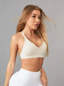 Slayform Solid Strappy Back Sports Bra - Apricot - View 4