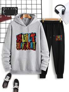 Men's Letter Print Drawstring Hooded Fleece Sweatshirt And Sweatpants Two-piece Set - Light Grey - View 3
