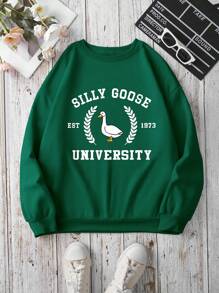 INAWLY Duck & Letter Graphic Thermal Lined Sweatshirt SILLY GOOSE EST 1973 UNIVERSITY - Dark Green - View 1