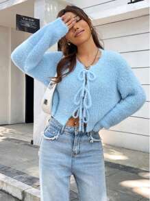 SHEIN Qutie Nút phía trước Thả vai Áo len Mở - Màu xanh lam - Xem 1