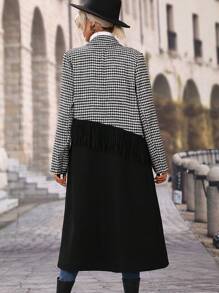 SHEIN Clasi Contrast Houndstooth Print Fringe Trim Double Breasted Overcoat