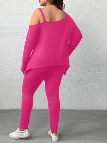 SHEIN LUNE Hơn Mẫu chữ Cổ không đối xứng Áo thun và Leggings - Màu Hồng Tươi - Xem 2