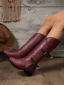 歐美風格皮帶扣靴女冬季粗跟中筒靴，女士牛仔靴 - 酒紅色 - 查看 7