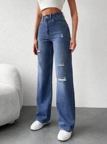 SHEIN Cottnline High Waisted Ripped Straight Leg Jeans - Blue - View 3