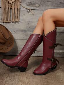 歐美風格皮帶扣靴女冬季粗跟中筒靴，女士牛仔靴 - 酒紅色 - 查看 8
