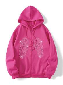 SHEIN EZwear Áo khoác nỉ cỡ lớn có dây rút, họa tiết cánh đính đá, khóa kéo, lót giữ nhiệt. - Màu Hồng Tươi - Xem 1