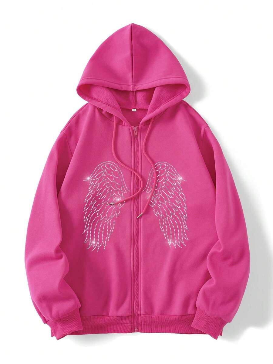 SHEIN EZwear Áo khoác nỉ cỡ lớn có dây rút, họa tiết cánh đính đá, khóa kéo, lót giữ nhiệt. - Màu Hồng Tươi - Xem 1