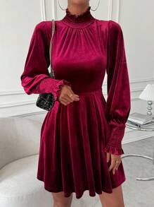 SHEIN Clasi Frill Trim Lantern Sleeve Velvet Dress