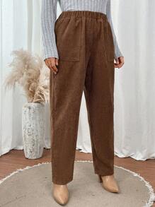 SHEIN LUNE Kích thước lớn Vải to sợi Quần Với Túi - Cà phê nâu - Xem 5