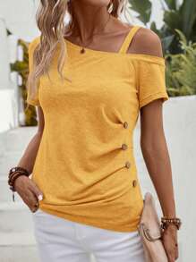 EMERY ROSE تيشيرت غير متماثل الياقة بتفاصيل أزرار