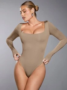 SHEIN BAE Square Neck Slim Fit Tee Bodysuit - Khaki - View 7