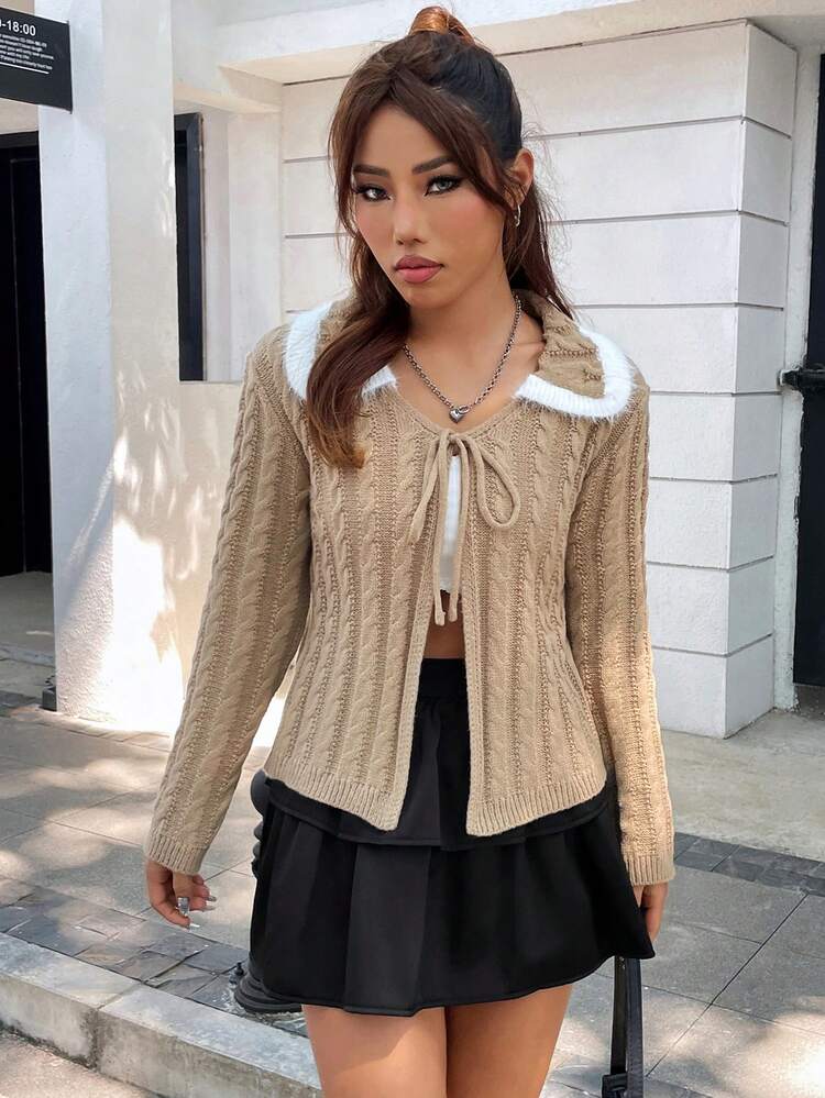 Tie Front Contrast Trim Cable Knit Cardigan Fall Cloth For Women