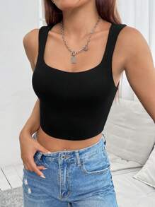 SHEIN PETITE Solid Crop Tank Top - Black - View 1