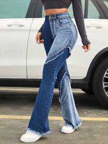 SHEIN ICON Two Tone Raw Cut Flare Leg Jeans - Blue - View 5