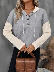 SHEIN LUNE Khối màu Nút Nửa Dây rút Hoodie - Màu Xám nhạt - Xem 1