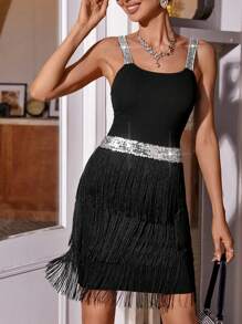 SHEIN Privé Tương phản Sequin Viền rìa Váy Dây - màu đen - Xem 6